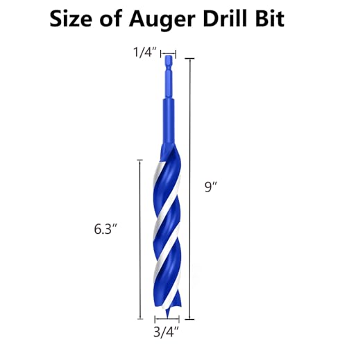 3/4 Inch Auger Drill Bit for Wood, 9" Long Carbon Steel Quick Change Hex Shank Wood Drill Bit for Hardwood, Softwood and Plastic (Blue) - size: 3/4" x 9"