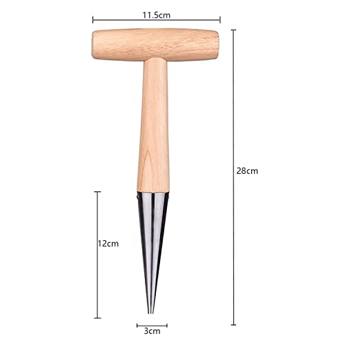 11" Stainless Steel Garden Dibber Bulb Planter with Wooden Handle, Bulb Planter for Sowing Seeds Transplanting Vegetable Flowers