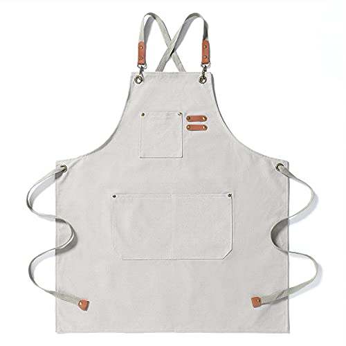Kitchen Chef Aprons for Women and Men with 3 Pockets for Cooking BBQ Bib Work - color: Cream