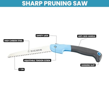 SICHER 6 Inch Folding Pruning Saw – High Carbon Steel Blade with Secure Lock, Anti-Slip Handle for Comfortable Grip, Portable Hand Saw for Garden, Tree Trimming, Camping & Outdoor Use