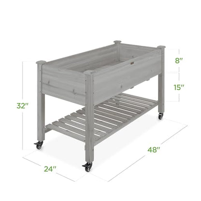 Best Choice Products Raised Garden Bed 48x24x32-inch Mobile Elevated Wood Planter w/Lockable Wheels, Storage Shelf, Protective Liner - Gray - color: Gray