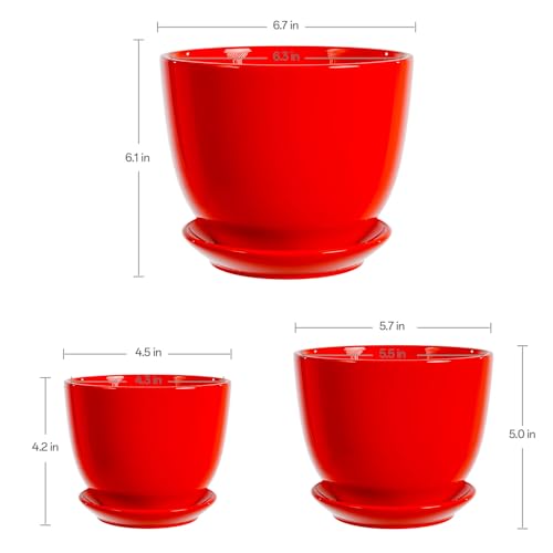 Ceramic Plant Pots Set of 3，Red Flower Pots with Drainage Holes and Saucers - color: Red