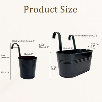 8 Pack Mixed Size Metal Railing Planters with Hanging Hooks, Black - color: Black, size: Oval 10"*4 + Round 4"*4