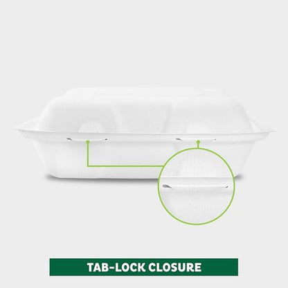 Freshware Clamshell Food Containers with Lids [8x8"] 3-Compartment 100-Pack, Disposable To Go Containers, Biodegradable Sugarcane To Go Boxes - Paper Container - Microwave & Freezer Safe, Stackable - size: 8 x 8 Inch, 100 Pack