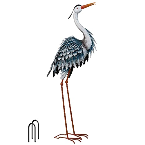 TERESA'S COLLECTIONS Garden Decor Blue Heron Sculptures & Statues Decor, 33.8 Inch Coastal Metal Cranes Decoy for Outdoor Outside Yard Art Patio Pond Pool Lawn Decorations,Housewarming Gift - size: Large