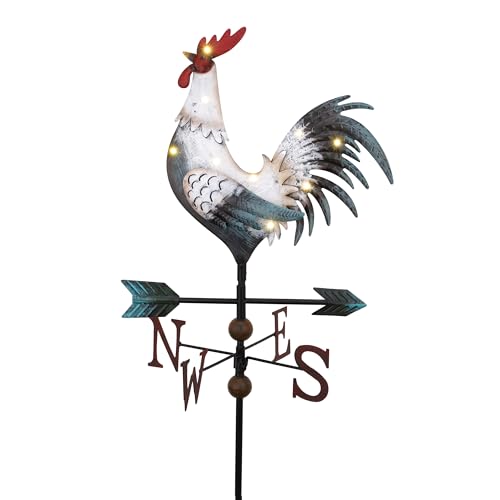 TERESA'S COLLECTIONS Garden Decor with Solar Outdoor Lights, White Rooster Yard Art Sign for Outside, 39.4'' Metal Weathervane Decorative Garden Stake for Outdoor Decor, Lawn, Gifts for Fathers Day - color: White, size: Large