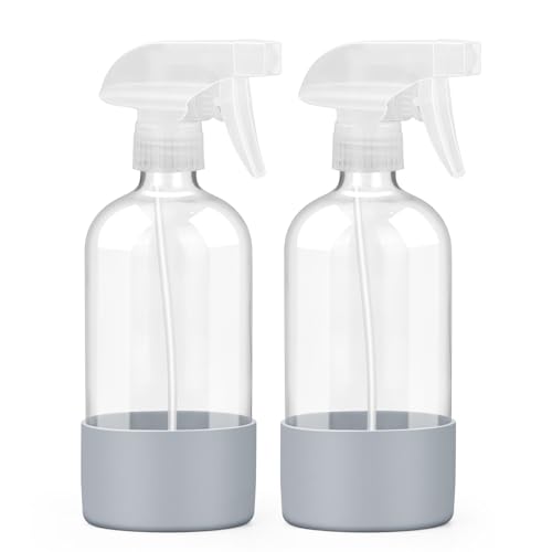 Glass Spray Bottles - 2 Pack 16 oz Clear Spray Bottles with Silicone Sleeve - color: Grey