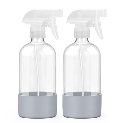 Glass Spray Bottles - 2 Pack 16 oz Clear Spray Bottles with Silicone Sleeve - color: Grey