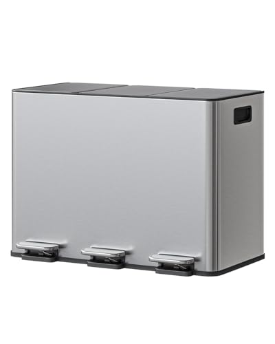 GarveeHome 3-in-1 Stainless Steel Recycling Trash Can, 3 x 4 Gallon (12 Gal Total) Triple Compartment Kitchen Garbage Bin with Soft-Close Step Lid, Hands-Free Waste Sorting for Home, Silver - color: Silver, size: 3 x 4 gallon