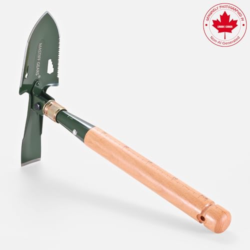MASTIFF GEARS Military-Grade 2-in-1 Camping Shovel & Hoe - 1050 Steel, Foldable Wooden Handle, Metal Detecting Optimized, Canadian Designed & Tested, MOLLE Canvas Sheath | Limited - style: Folding Mini Shovel with Pick/Hoe