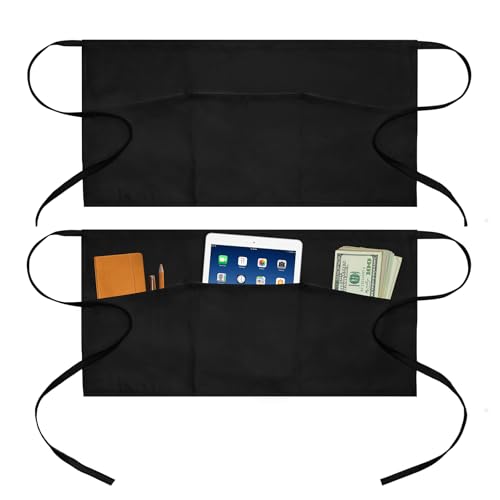 3 Pockets Waitress Apron Server Aprons - Half Aprons for Men & Women Waterproof and Oil Proof - color: 02-black