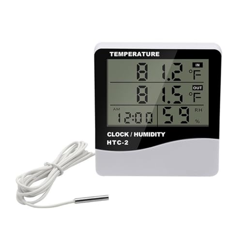 Temperature Humidity Meter, LCD Digital Indoor Outdoor Thermometer Hygrometer with Clock & Sensor Wire, Humidity Monitor for Home, Reptile, Greenhouse, Basement