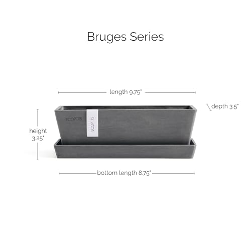 Ecopots Bruges Rectangular Flower Planter with Saucer, Grey, 10" - color: Gray