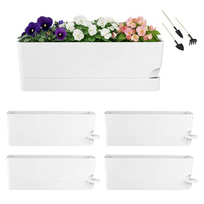 Party Zealot Window Boxes Planters, 5 Pack Self Watering Pots for Indoor Plants 17 Inch Rectangular Planter Rectangle Flower Pots Long Plant Pot Large Window Sill Herb Planter Box, White - color: White