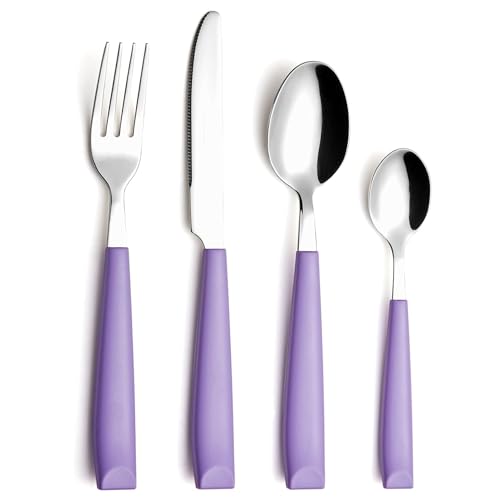 EXZACT 16 pcs Flatware Set Stainless Steel Wide Handles Serves 4 Lilac - color: Lilac x 16