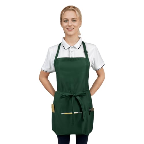 Adjustable Waterproof Aprons with 3 Pockets for Men Women, Server Apron for Kitchen Cooking Gardening Restaurant - color: Green, 2 Pack