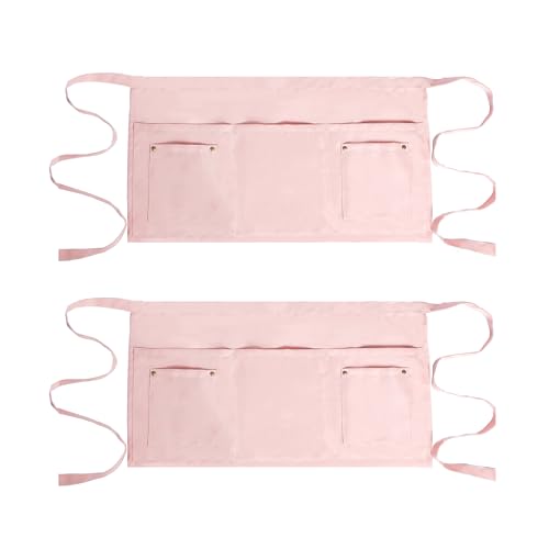 Server Apron with 5 Pockets - Rivet buckle Unisex Short/Half Waiter Waist Short Apron - color: Pink 2 Pack