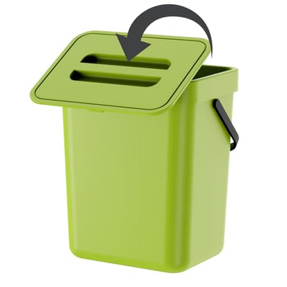 Compost Bin Kitchen, for use on Countertops or Under Sinks, Hanging Trash Can with Lid, for Cupboard/Bathroom/Bedroom/Office/Camping, Mountable Indoor Compost Bucket(Green 1.3 Gallon/5L)