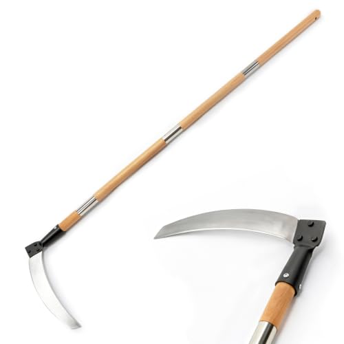 Beech Wood Long Handle Weeding Sickle, 12.6'' Sharp Blade for Efficient Weed & Brush Clearing, Upright Scythe for Weeding Farm Harvesting Clearing Vines Yard Gardening Pruning