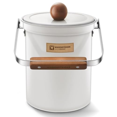 WAGENSTEIGER Kitchen Countertop Compost Bin 101ounces / 3Liters, Airtight Lid SUS304 Stainless Steel Odor-Free Food Waste Bin with Wooden Handle Stylish Design/Bathroom Trash Can (White) - color: White