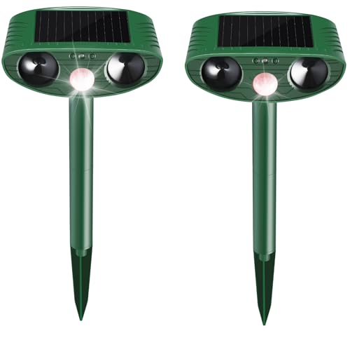 2 Pack Solar Animal Repeller Outdoor, Cat Deterrent with Ultrasonic & Flashing LED - Night Time Motion Activated Pest Control for Garden Yard to Repel Cats, Raccoons, Deer, Skunks, Squirrels