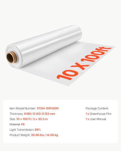 VEVOR Greenhouse Plastic Sheeting 10 x 100 ft 6 Mil Clear Polyethylene Film - size: 10 x 100 ft