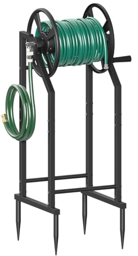4-Spike Garden Hose Reel with 3.9ft Leader Hose & Stainless Fitting, Outdoor Hose Holder holds 125ft Hose of 5/8", Freestanding Metal Hose Stand for Outside Yard Lawn, Black - color: Black