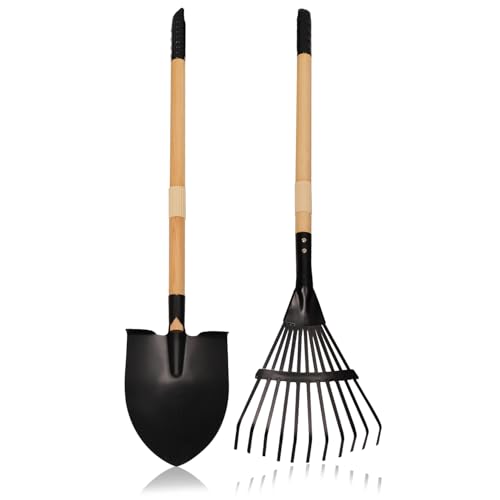 Kids Garden Tool Set, 2-Piece Rake and Shovel with Wooden Handles, 28 Inch Long, Black Metal Gardening Tools for Boys and Girls Digging Sand, Outdoor Toy Gifts for Sandbox - color: 1pcs rake & 1pcs shovel