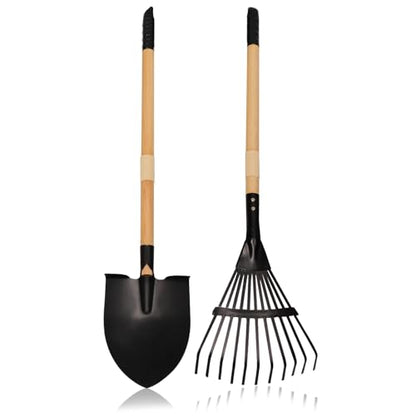 Kids Garden Tool Set, 2-Piece Rake and Shovel with Wooden Handles, 28 Inch Long, Black Metal Gardening Tools for Boys and Girls Digging Sand, Outdoor Toy Gifts for Sandbox - color: 1pcs rake & 1pcs shovel