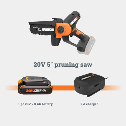 WORX Cordless Mini Chainsaw, 20V 5" Pruning Saw, WG326 - style: 5" 25 ft/s Pruning Saw 2.0Ah Battery