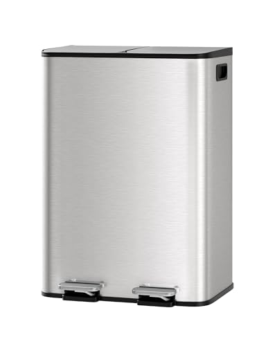 GarveeHome 2 x 8 gal Stainless Steel Double Trash Can with Lid for Kitchen, Large Dual Trash and Recycle Bin Combo, Step-on Kitchen Metal Garbage Cans, PP Inner Buckets, Liner Rim, Silver - color: Silver, size: 2 x 8 gallon