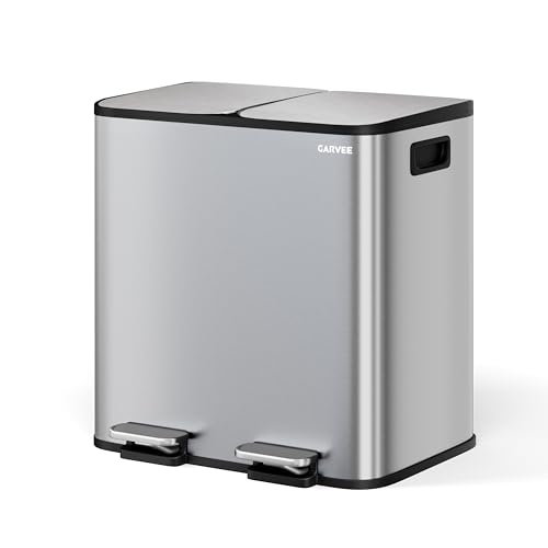 GarveeHome 2 x 4 gal Stainless Steel Double Trash Can with Lid for Kitchen, Large Dual Trash and Recycle Bin Combo, Step-on Kitchen Metal Garbage Cans, PP Inner Buckets, Liner Rim, Silver - color: Silver, size: 2 x 4 gallon