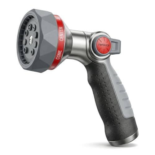 Metal Garden Hose Nozzle Heavy Duty - 9 Spray Patterns, THUMB CONTROL On Off Valve Hose Sprayer Nozzle for Watering Plants & Lawns, Washing Cars & Pets - Outdoor Water Hose Nozzle Head Attachment - color: Red-Black
