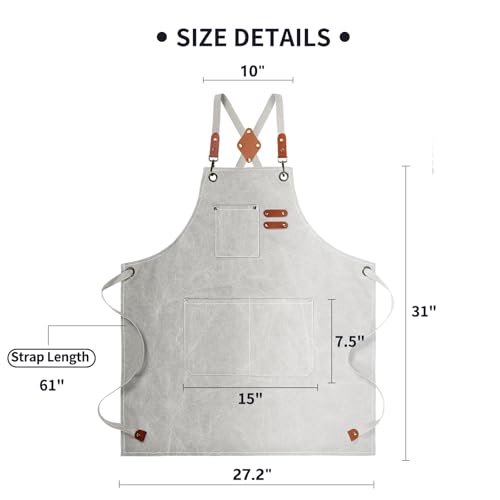 ZOMAO White Chef Aprons for Men Women with Large Pockets,Cotton Canvas Cross Back Apron,Kitchen Cooking Baking Bib Heavy Duty Adjustable Work Apron - color: Beige