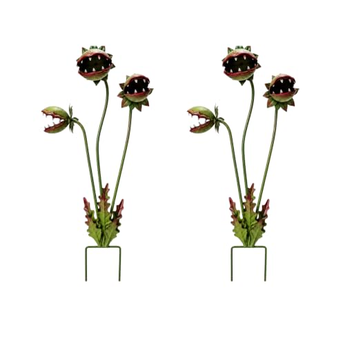 Metal Carnivorous Plant Garden Stake, 2026 New 25-Inch Venus Flytrap Yard Art Decor, Durable Yard Art for Flower Beds, Lawn Garden Patio Halloween Gothic Yard Decoration - color: Green-2pcs