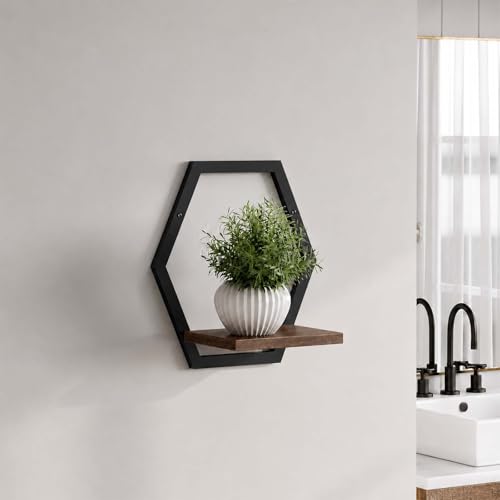 2 Pack Hexagon Wall Plant Stands, 9 Inch Walnut Wood Shelf Black - color: 2 Pack Black-a