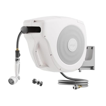 Vego Garden Hose Reel Retractable Hi-Flow Wall Mounted Hose Reel Automatic Rewind, Any Length Lock with 9 Patterns Sprayer Nozzle, Quick Connector and Adjustable shot Nozzle (Cloud White, 82ft) - color: Cloud White, size: 82ft