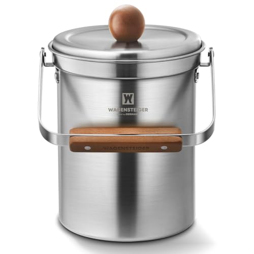 WAGENSTEIGER Kitchen Countertop Compost Bin 101ounces / 3Liters with Airtight Lid, SUS304 Stainless Steel Odor-Free Food Waste Bin with Wooden Handle Stylish Design/Bathroom Trash Can (Silver) - color: Silver