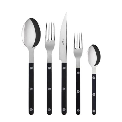 SABRE PARIS - 20-Piece Flatware Set for 4 - Bistrot Collection - Knife, Fork, Soup Spoon, Teaspoon & Dessert Fork - Stainless Steel & Nylon - Dishwasher Safe - Black - Shiny Finish - color: Black, size: 20 Pieces