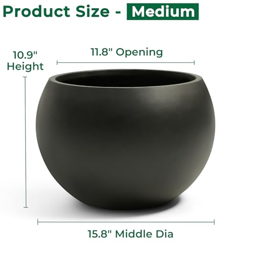 15.8"Dia x 10.9"H Fiberstone Sphere Planter, Black Round Flower Pot - color: Black, size: Medium