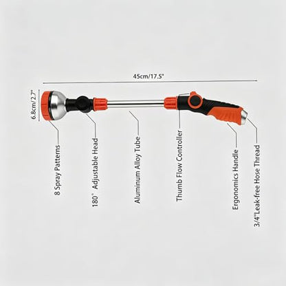 17.5" Garden Watering Wand, 8 Spray Patterns Hose Nozzle，Fits Garden Hose