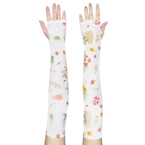 YAMEIZE Gardening Long Arm Sleeves for Women - Sun Protection Cooling Floral Sleeves to Cover Arm for Garden - color: White