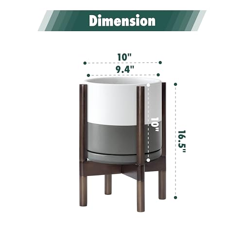 D'vine Dev Ceramic Pot with Walnut Wood Stand, White/Grey, 10 in, 55-B-X-6 - color: White/Grey Pot + Walnut Color Stand, size: 10 Inch