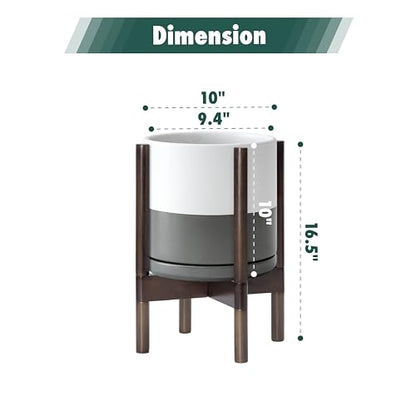 D'vine Dev Ceramic Pot with Walnut Wood Stand, White/Grey, 10 in, 55-B-X-6 - color: White/Grey Pot + Walnut Color Stand, size: 10 Inch