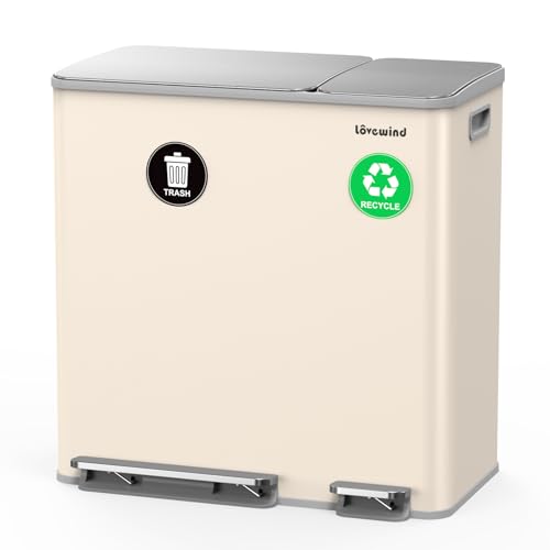 Dual Trash and Recycling Bins for Kitchen, 13.2 + 5.2 Gal (50+20L) Stainless Steel Trash and Recycle Bin Combo with Soft-Close Lid, Large Garbage Cans for Kitchen Home with 2 Magnets Sticker, Apricot - color: Apricot, size: 13.2 + 5.2 Gallon