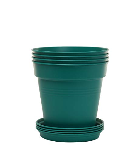 Mintra Garden Pots, 4 Pack Bulk Plastic Plant Pots with Drainage Tray, Round Indoor & Outdoor Decorative Planters with Drain Holes for Flowers, Herbs & Plants, 15cm Diameter – Forest Green, 5.9 in - color: Forest Green, size: 15cm Diameter (5.9in)