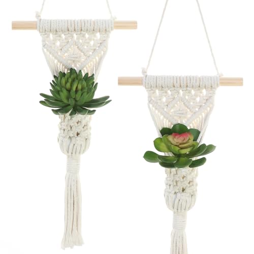 Macrame Wall Hanging Plant Holder with Artificial Succulent, Natural Cotton with Wood Dowel, Boho Wall Decor, Hanging Plants Set of 2 (Succulent 2pcs) - color: Succulent 2pcs