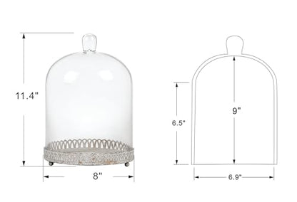 Twakutwku 12" Tall Large Sturdy Handmade Glass Cloche Dome with Metal Base in Shabby White for Plant, Terrarium, Collectibles, Candle. Cloche Glass Dome, Bell Jar Display Case (Shabby White, 12") - color: Shabby White, size: 12"