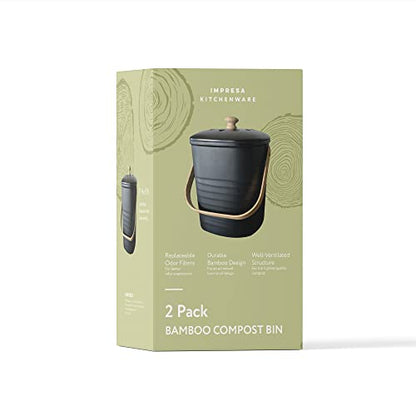 Impresa 2 Pack Bamboo Compost Bin for Kitchen – 1 Gallon Countertop Container with Lid & Indoor Food Waste Composter