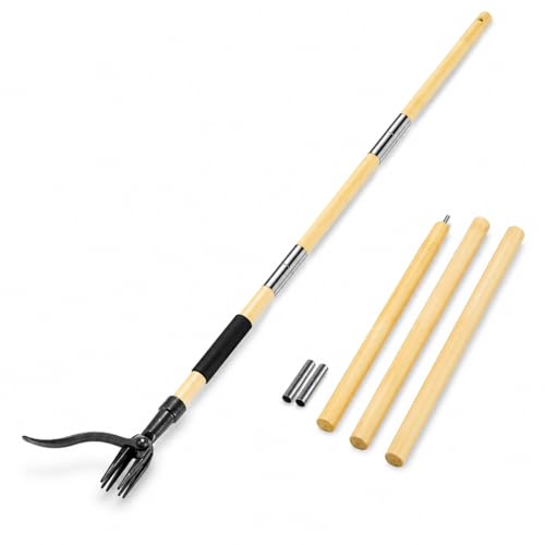 Stand Up Weed Puller Tool with Bamboo Long Handle – Heavy Duty 4-Claw Grandpas Weeder Tool – Root Weed Remover for Lawn & Garden